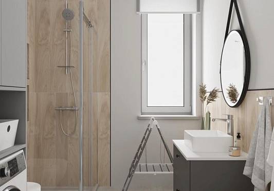 Скандинавская ванная с деревянными акцентами: светлые тона и природные текстуры