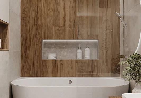 Древесные акценты в ванной: атмосфера с натуральными текстурами