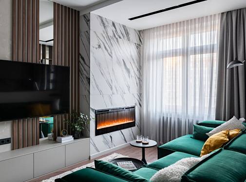 Акцентная стена с био-камином: керамогранит Charme Deluxe в дизайне интерьера