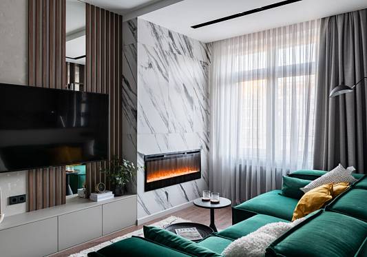 Акцентная стена с био-камином: керамогранит Charme Deluxe в дизайне интерьера